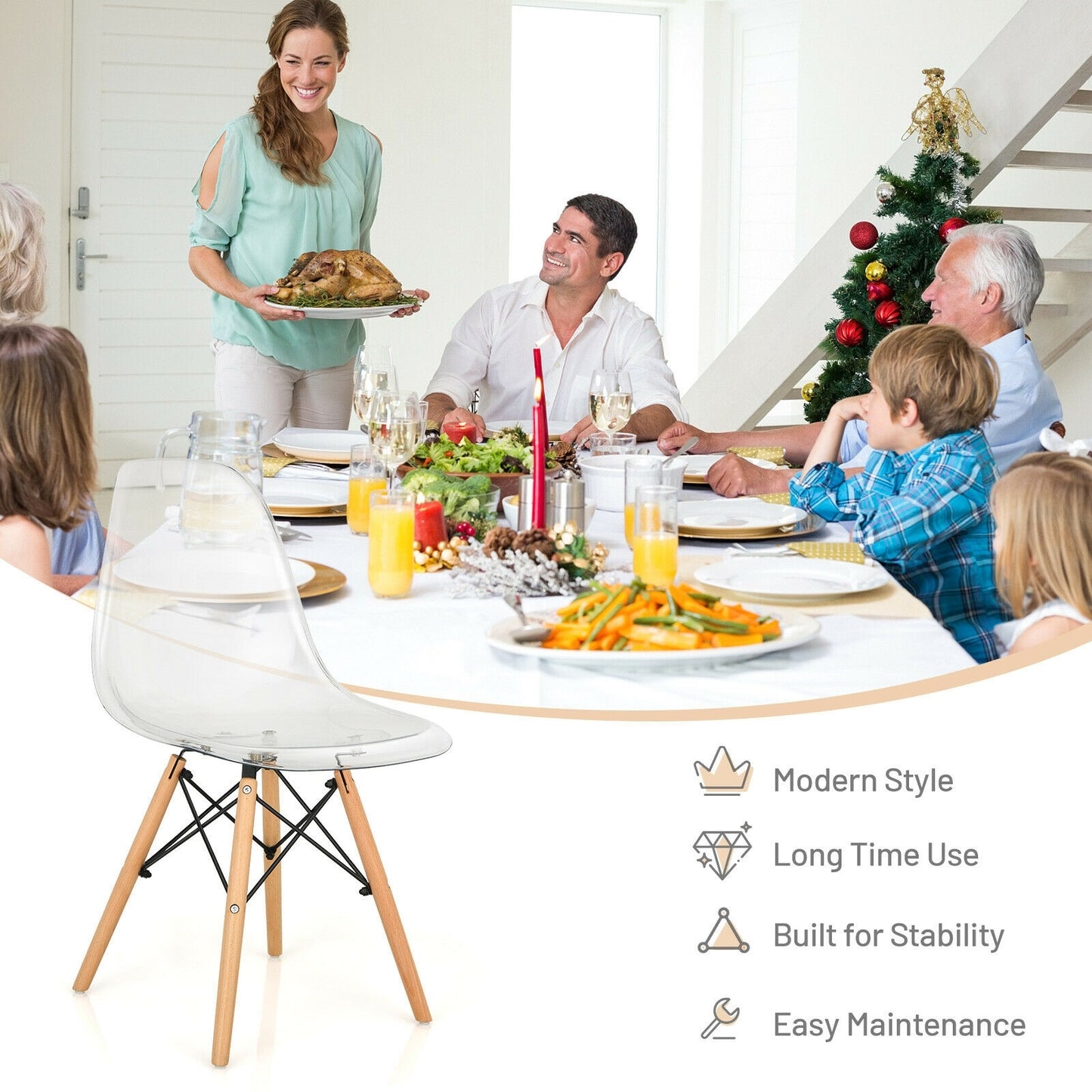 Modern Dining Chairs with Clear Plastic Shell and Natural Wood Legs - Set of 4