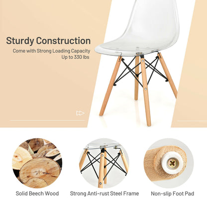 Modern Dining Chairs with Clear Plastic Shell and Natural Wood Legs - Set of 4