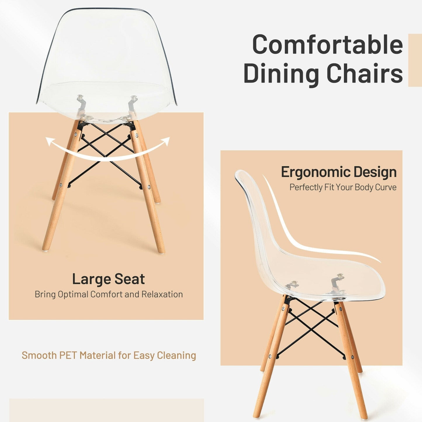 Modern Dining Chairs with Clear Plastic Shell and Natural Wood Legs - Set of 4
