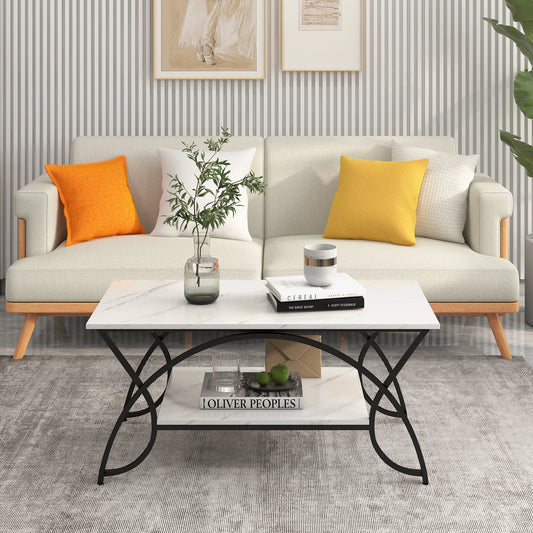 Modern 2 Tier Faux Marble Coffee Table with Metal Frame – Black & White