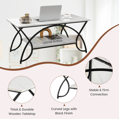 Modern 2 Tier Faux Marble Coffee Table with Metal Frame – Black & White