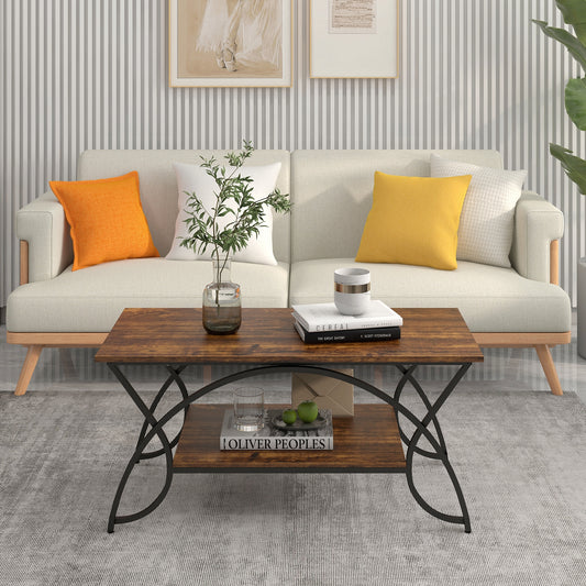 Modern 2 Tier Faux Marble Coffee Table with Metal Frame – Rustic Brown