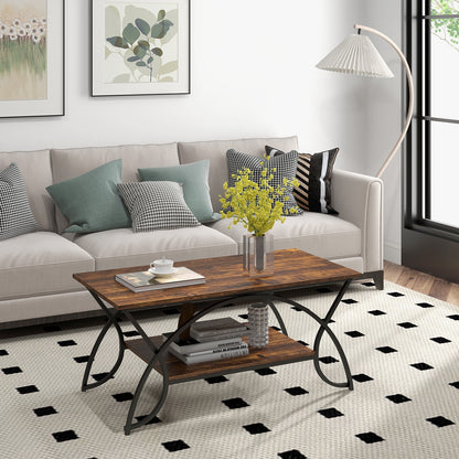 Modern 2 Tier Faux Marble Coffee Table with Metal Frame – Rustic Brown