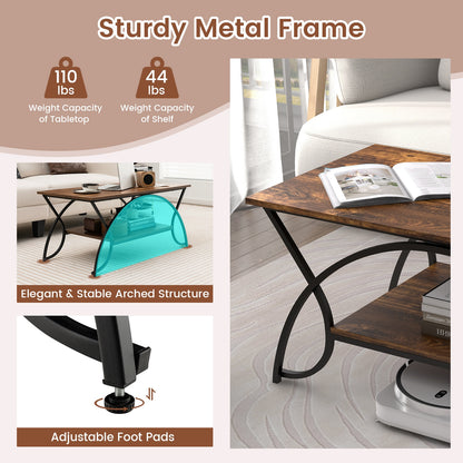 Modern 2 Tier Faux Marble Coffee Table with Metal Frame – Rustic Brown