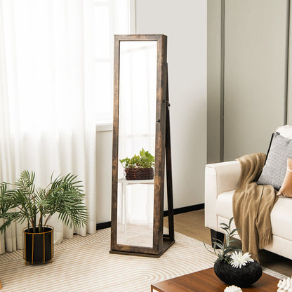 Tall Freestanding Mirror Jewelry Cabinet with Key Lock and Velvet Interior Brown