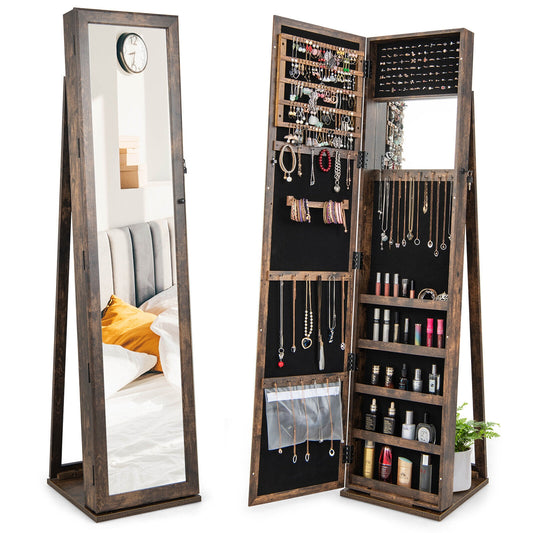 Tall Freestanding Mirror Jewelry Cabinet with Key Lock and Velvet Interior Brown
