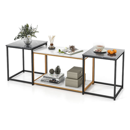 Contemporary 3 Piece Nesting Table Set with Gold Metal Frame and Marble Finish