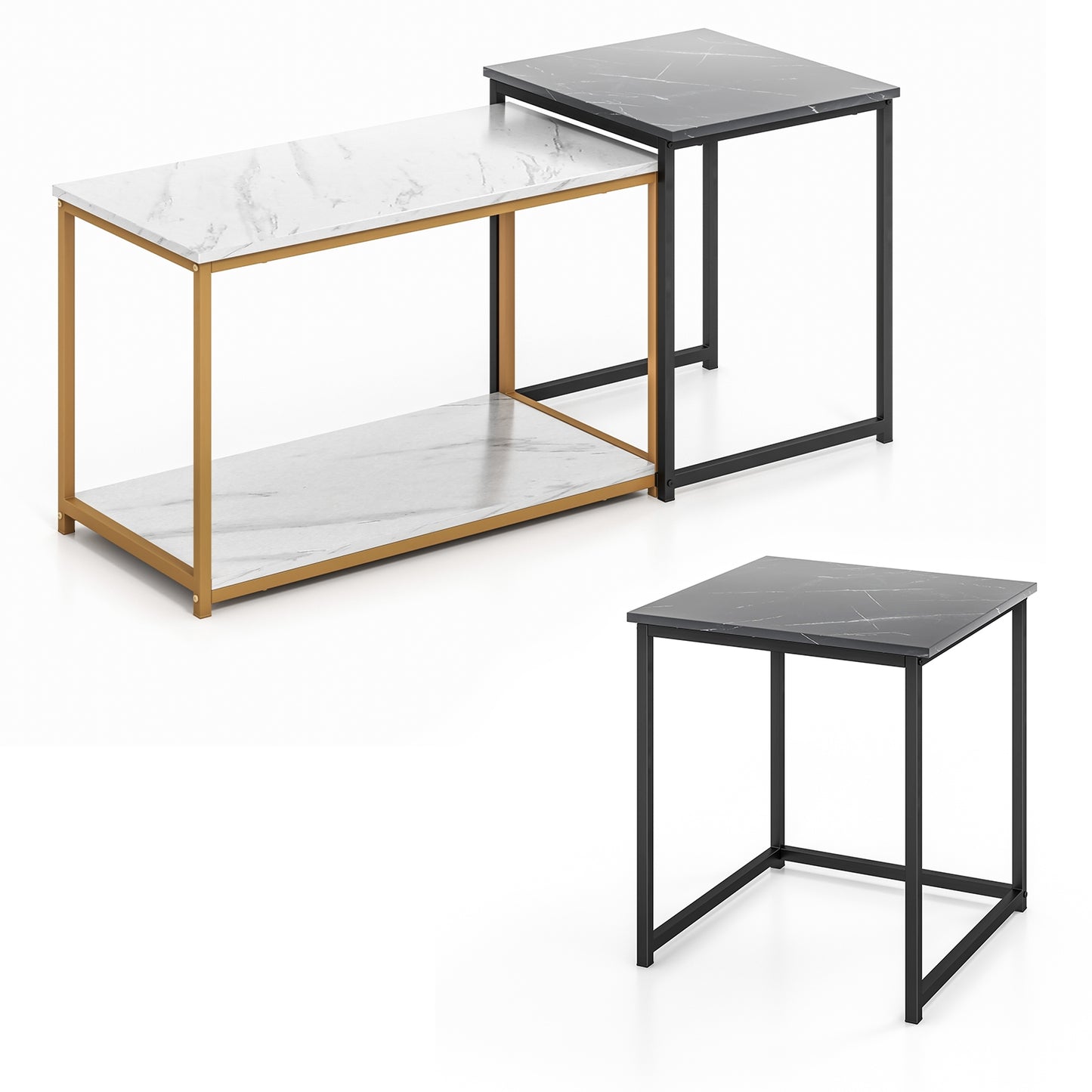 Contemporary 3 Piece Nesting Table Set with Gold Metal Frame and Marble Finish