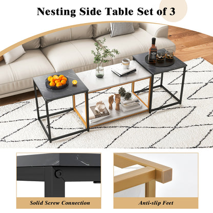 Contemporary 3 Piece Nesting Table Set with Gold Metal Frame and Marble Finish
