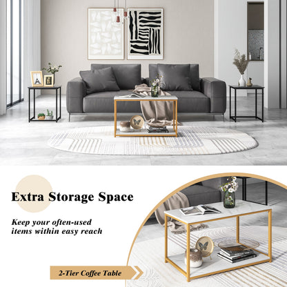 Contemporary 3 Piece Nesting Table Set with Gold Metal Frame and Marble Finish