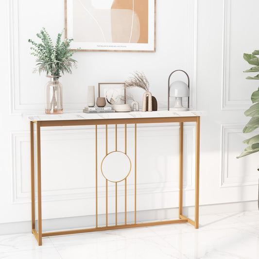 Elegant Console Table with White Faux Marble Top and Gold Legs