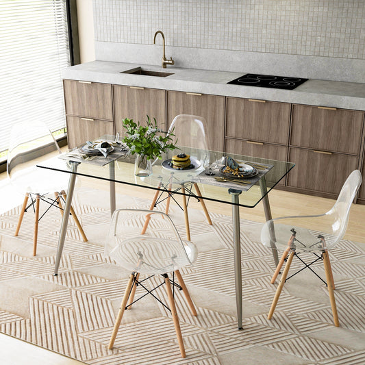 5 Piece Modern Glass Dining Table Set with 51 Inch Rectangular Table and Grey Chairs
