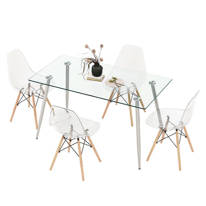 5 Piece Modern Glass Dining Table Set with 51 Inch Rectangular Table and Grey Chairs