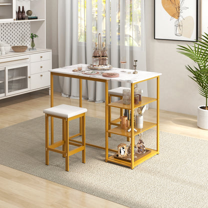 Modern 3 Piece Bar Table Set with Storage Shelves and Padded Stools for 2