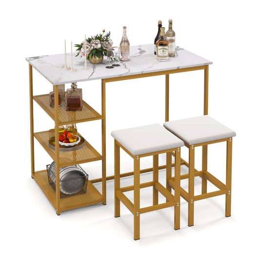 Modern 3 Piece Bar Table Set with Storage Shelves and Padded Stools for 2