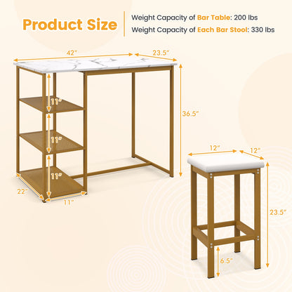 Modern 3 Piece Bar Table Set with Storage Shelves and Padded Stools for 2