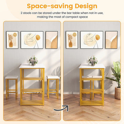 Modern 3 Piece Bar Table Set with Storage Shelves and Padded Stools for 2