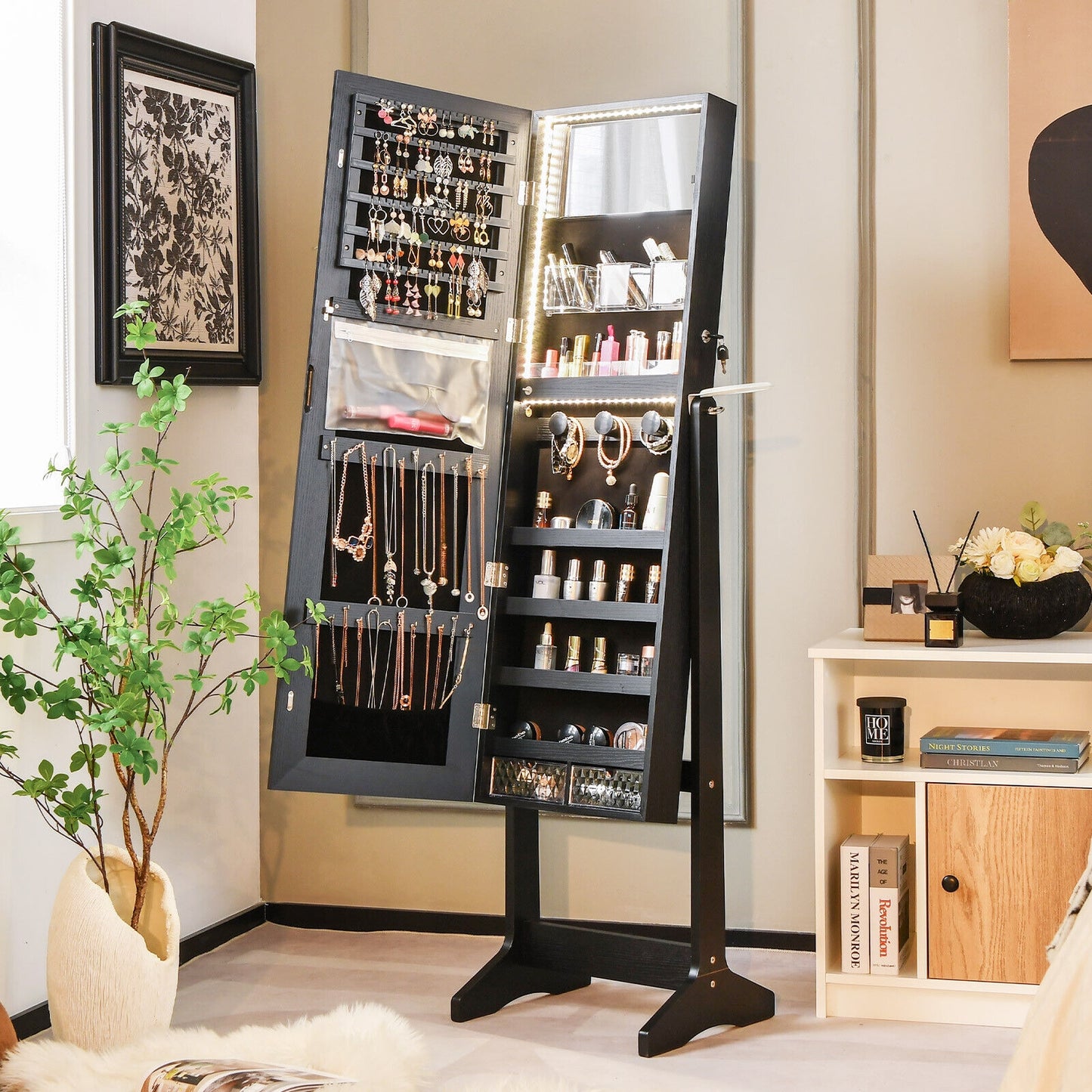 Freestanding Jewelry Armoire with Mirror, LED Lights and Lockable Storage – Black
