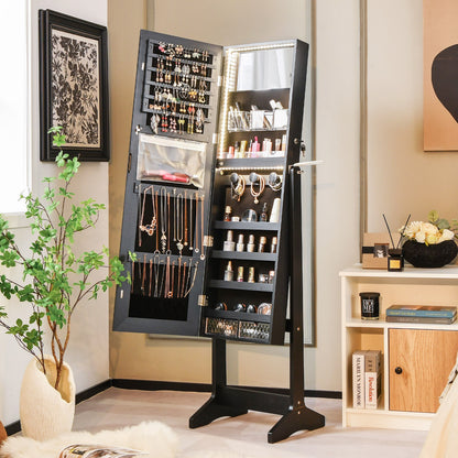 Freestanding Jewelry Armoire with Mirror, LED Lights and Lockable Storage – Black