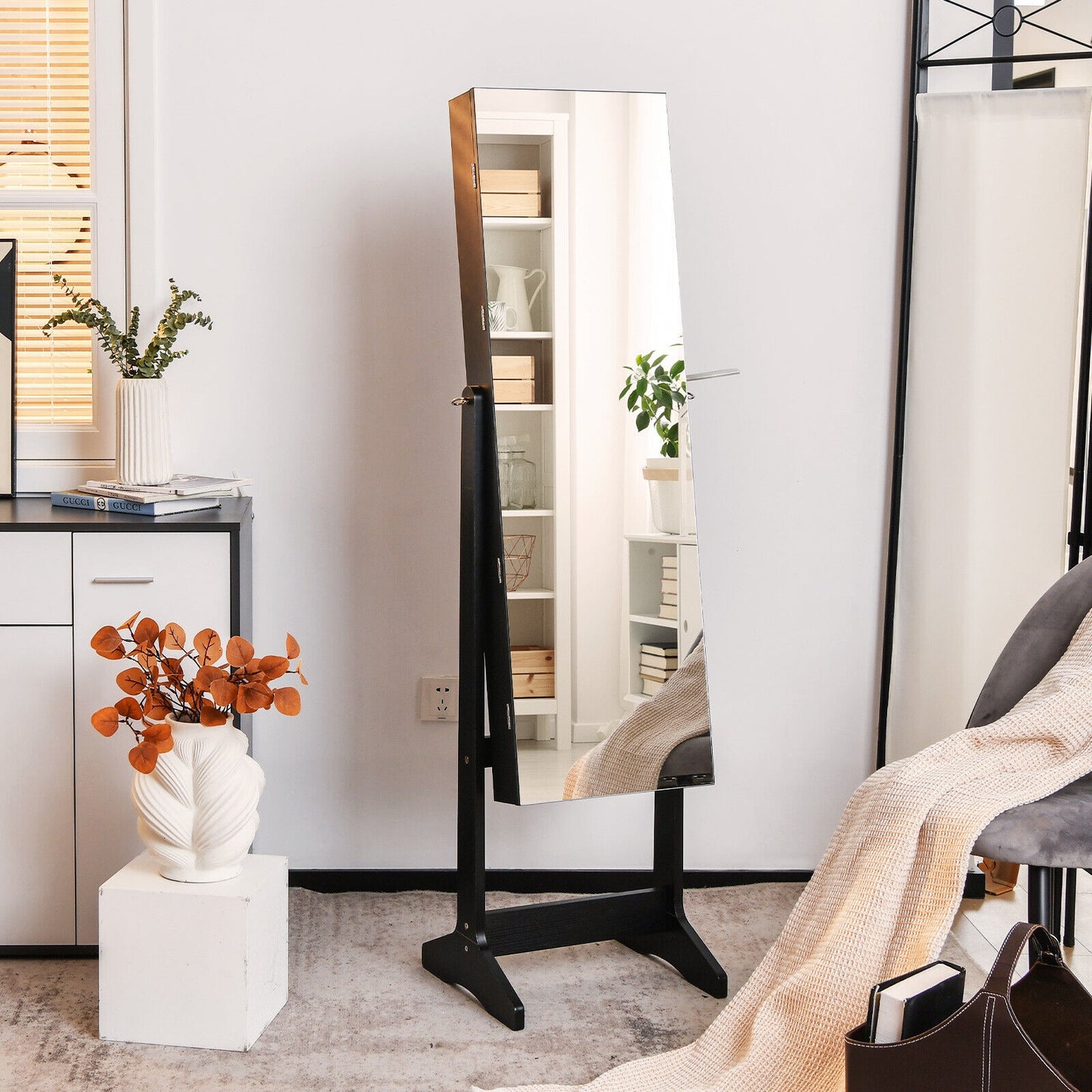 Freestanding Jewelry Armoire with Mirror, LED Lights and Lockable Storage – Black