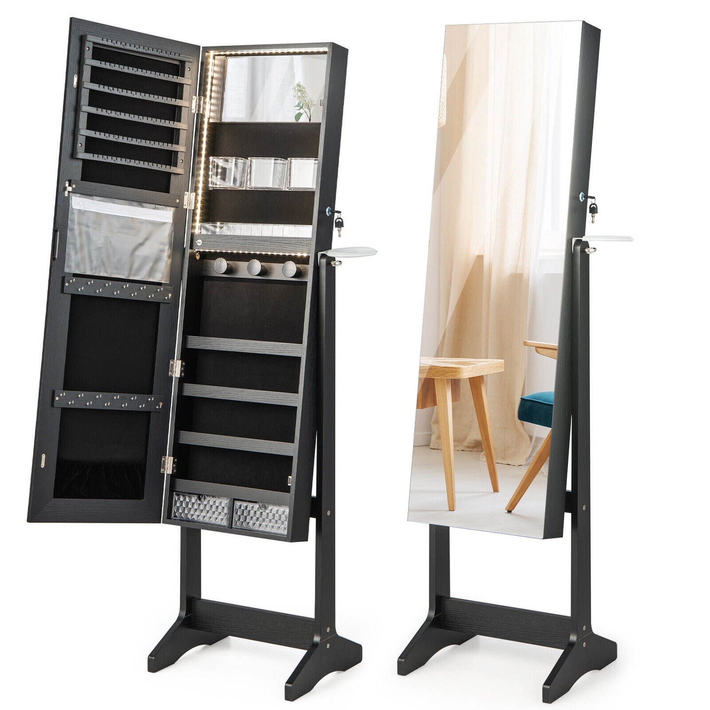 Freestanding Jewelry Armoire with Mirror, LED Lights and Lockable Storage – Black