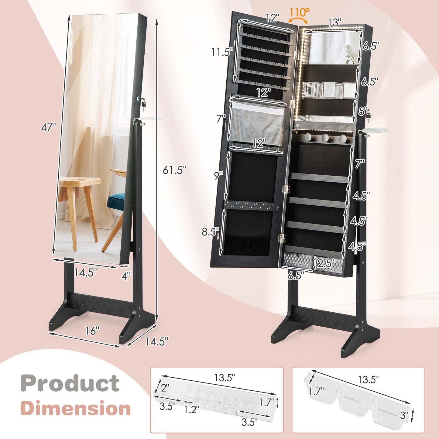 Freestanding Jewelry Armoire with Mirror, LED Lights and Lockable Storage – Black