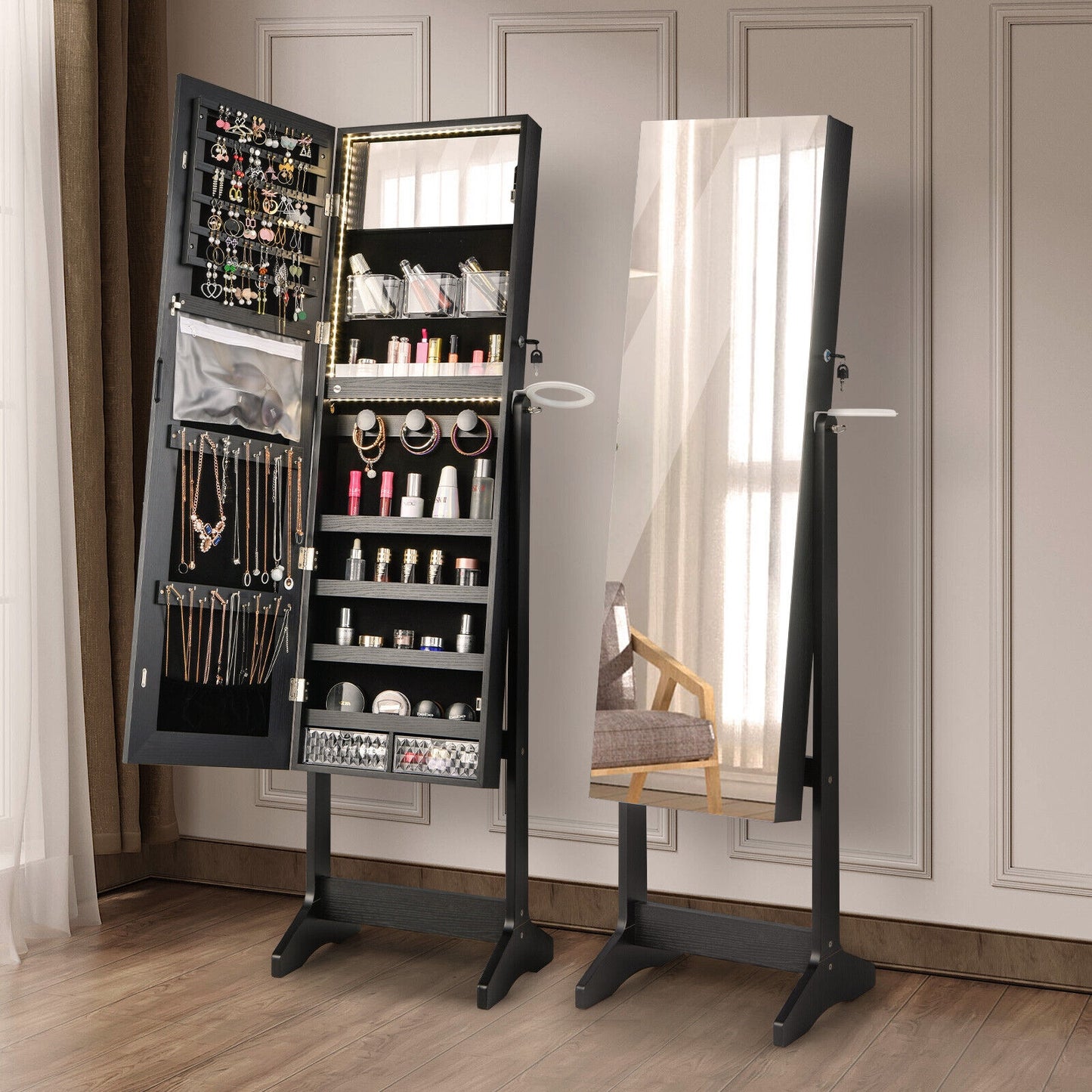 Freestanding Jewelry Armoire with Mirror, LED Lights and Lockable Storage – Black