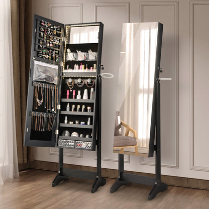 Freestanding Jewelry Armoire with Mirror, LED Lights and Lockable Storage – Black
