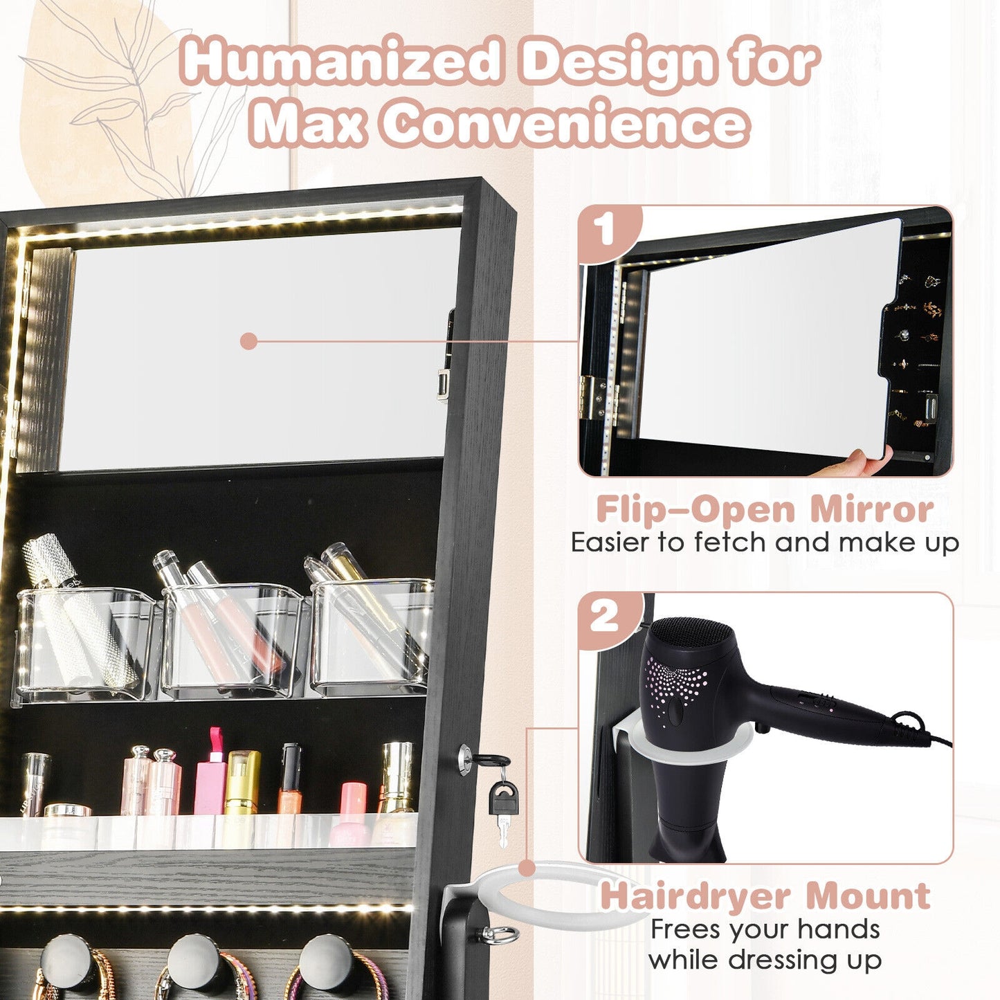 Freestanding Jewelry Armoire with Mirror, LED Lights and Lockable Storage – Black