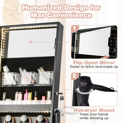 Freestanding Jewelry Armoire with Mirror, LED Lights and Lockable Storage – Black