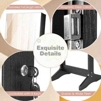 Freestanding Jewelry Armoire with Mirror, LED Lights and Lockable Storage – Black