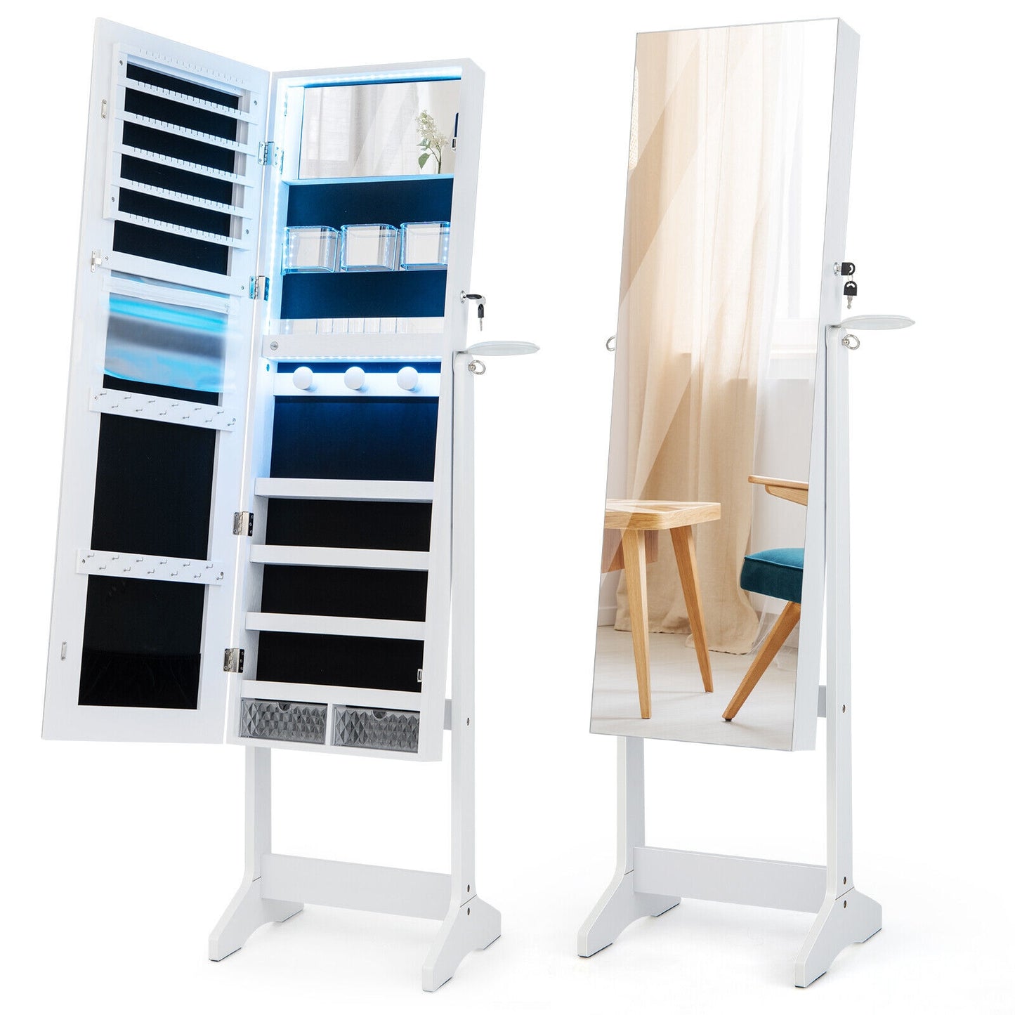 Freestanding Jewelry Armoire with Mirror, LED Lights and Lockable Storage – White