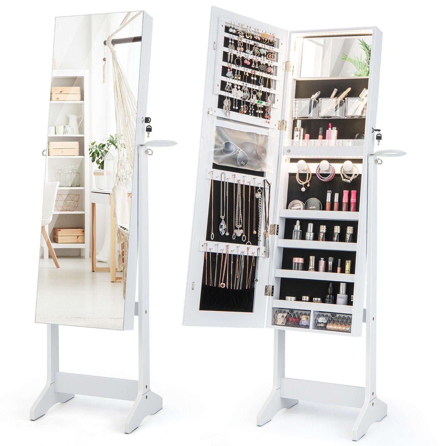 Freestanding Jewelry Armoire with Mirror, LED Lights and Lockable Storage – White