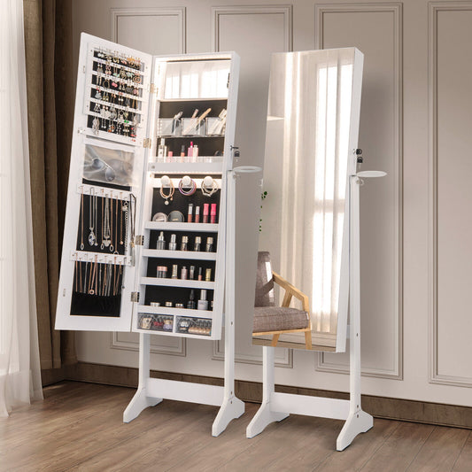 Freestanding Jewelry Armoire with Mirror, LED Lights and Lockable Storage – White