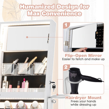 Freestanding Jewelry Armoire with Mirror, LED Lights and Lockable Storage – White
