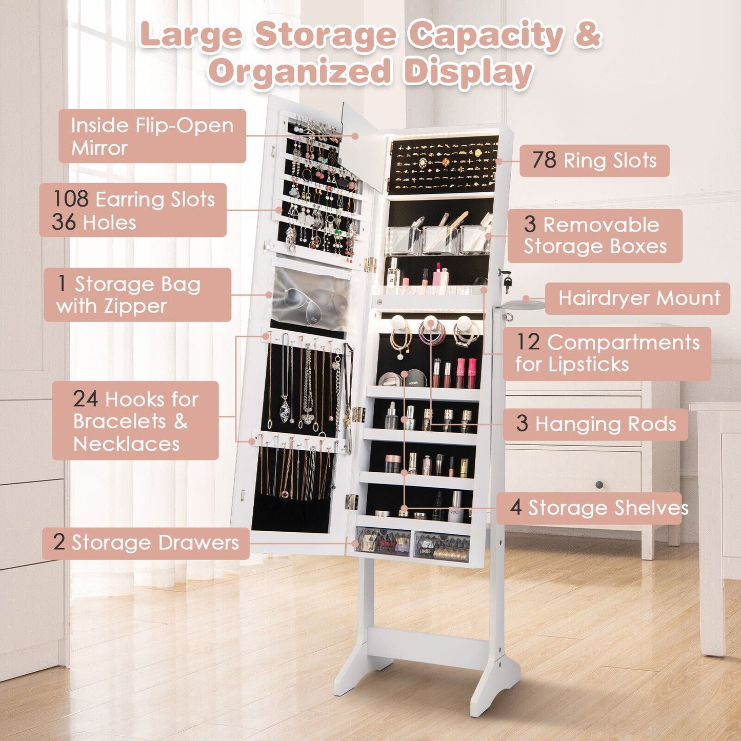 Freestanding Jewelry Armoire with Mirror, LED Lights and Lockable Storage – White