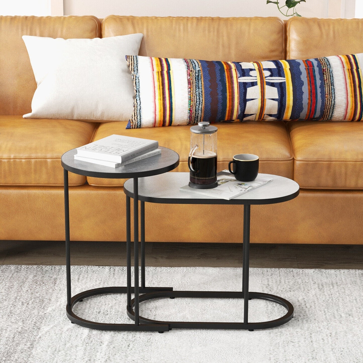 Modern 2 Piece Nesting Tea Table Set with Faux Marble Top and Metal Frame