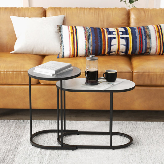 Modern 2 Piece Nesting Tea Table Set with Faux Marble Top and Metal Frame