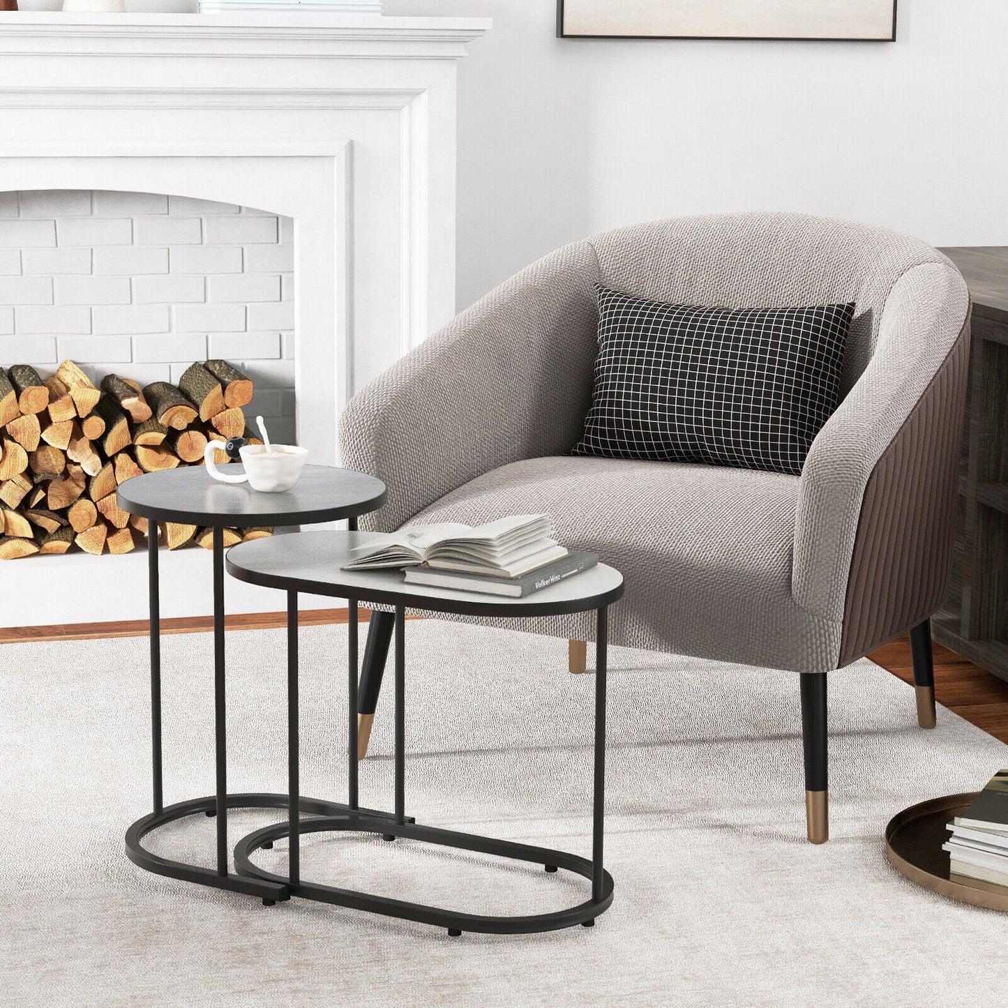 Modern 2 Piece Nesting Tea Table Set with Faux Marble Top and Metal Frame
