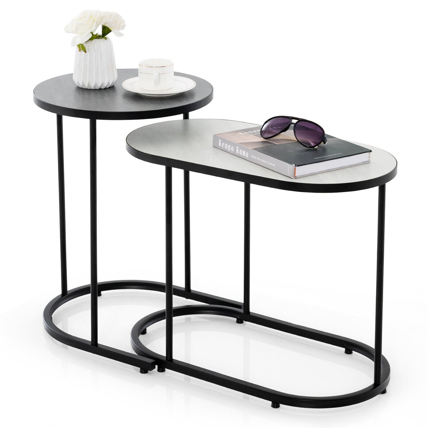 Modern 2 Piece Nesting Tea Table Set with Faux Marble Top and Metal Frame