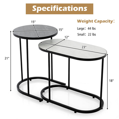 Modern 2 Piece Nesting Tea Table Set with Faux Marble Top and Metal Frame