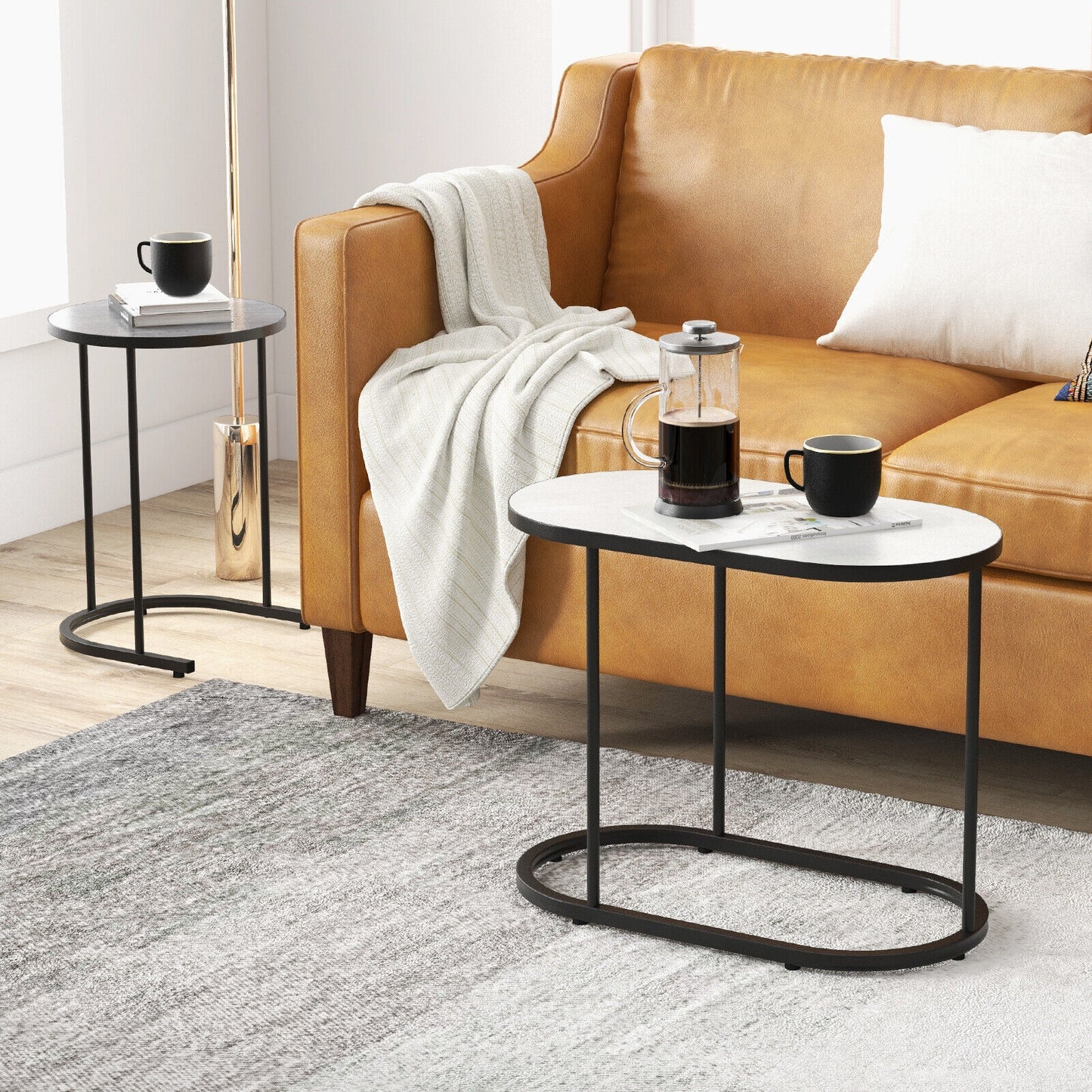 Modern 2 Piece Nesting Tea Table Set with Faux Marble Top and Metal Frame