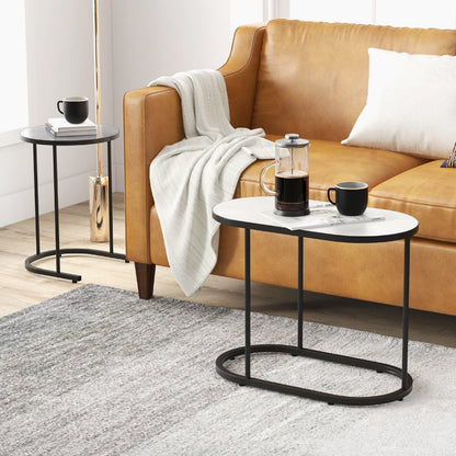 Modern 2 Piece Nesting Tea Table Set with Faux Marble Top and Metal Frame
