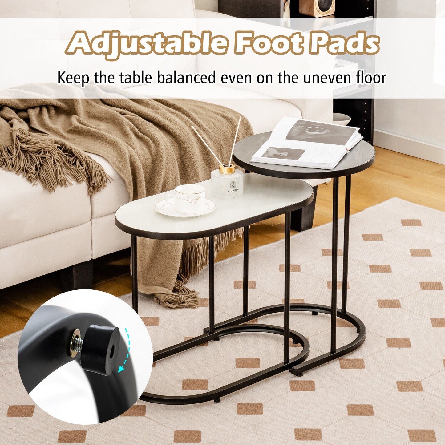 Modern 2 Piece Nesting Tea Table Set with Faux Marble Top and Metal Frame