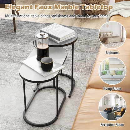 Modern 2 Piece Nesting Tea Table Set with Faux Marble Top and Metal Frame