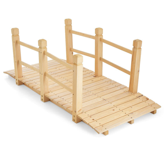 5ft Wooden Garden Bridge with Handrails for Outdoor Decoration and Landscaping - Natural