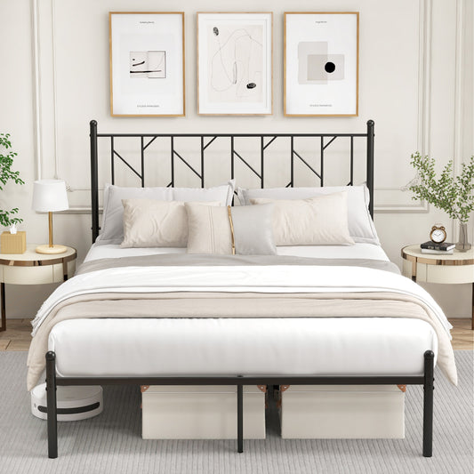 Stylish Branch Shaped Headboard Metal Platform Bed Frame with Sturdy Slat Support – Queen Size