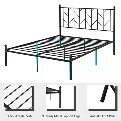 Stylish Branch Shaped Headboard Metal Platform Bed Frame with Sturdy Slat Support – Queen Size