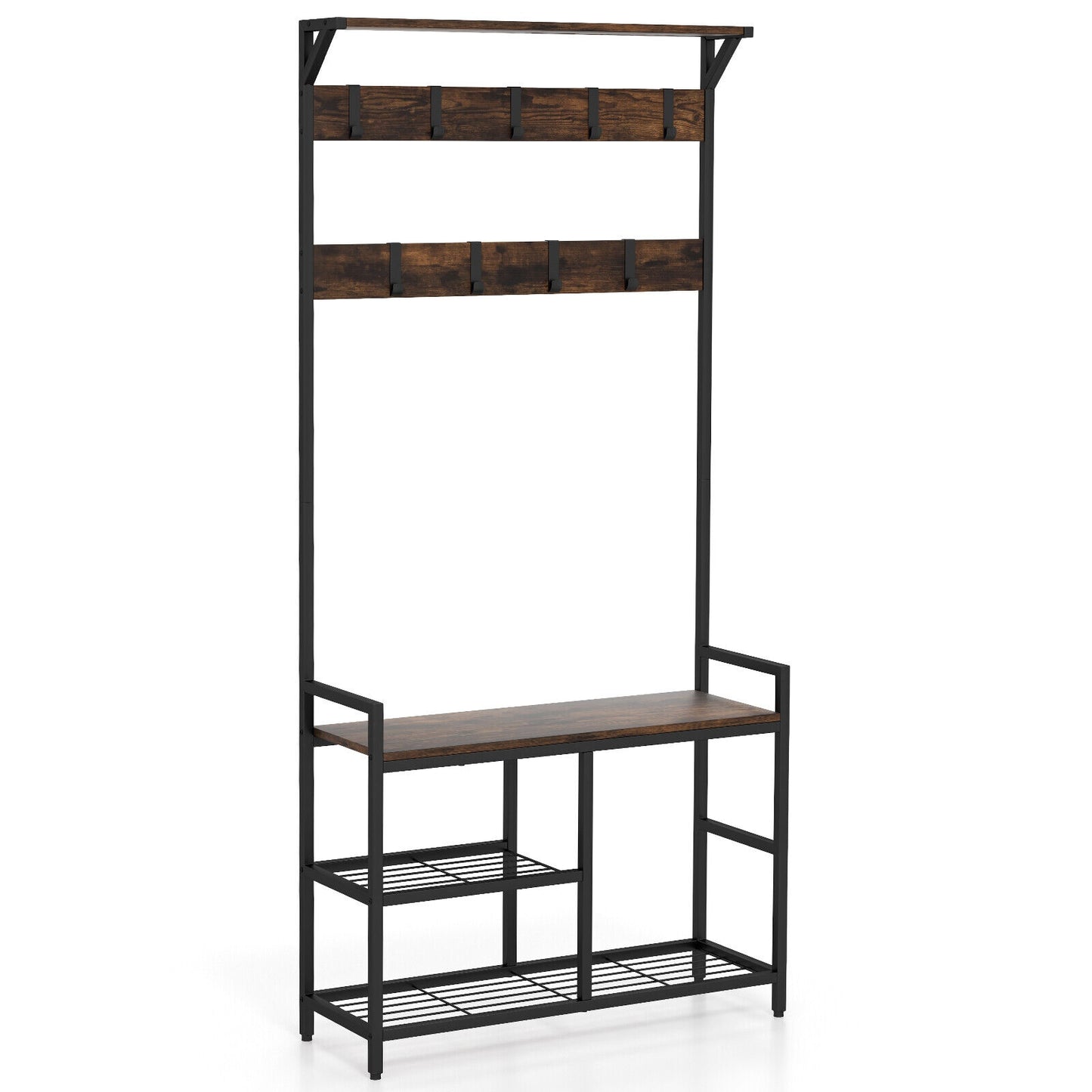 Multi-Functional Hall Tree with Bench Shelves and 9 Removable Hooks for Entryway 71 Inch