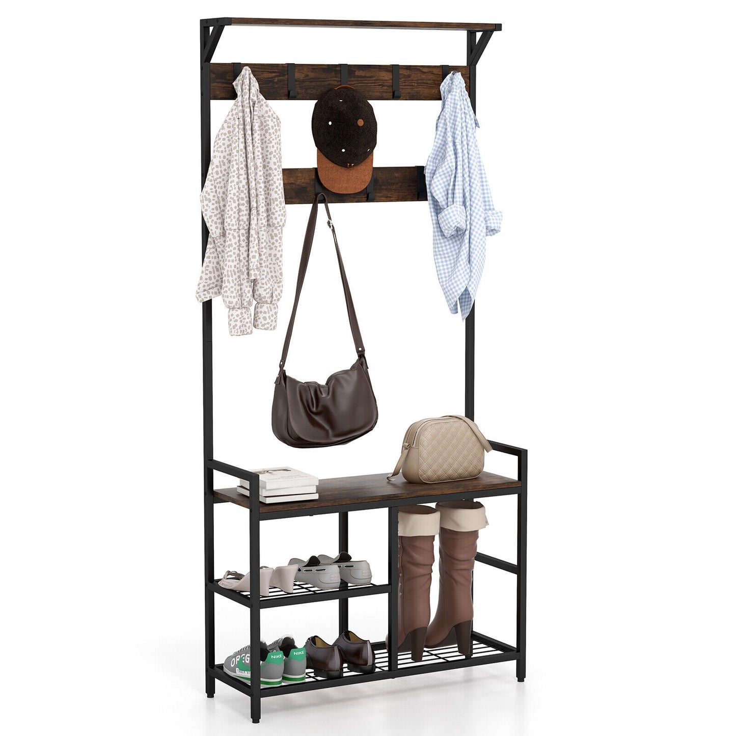 Multi-Functional Hall Tree with Bench Shelves and 9 Removable Hooks for Entryway 71 Inch